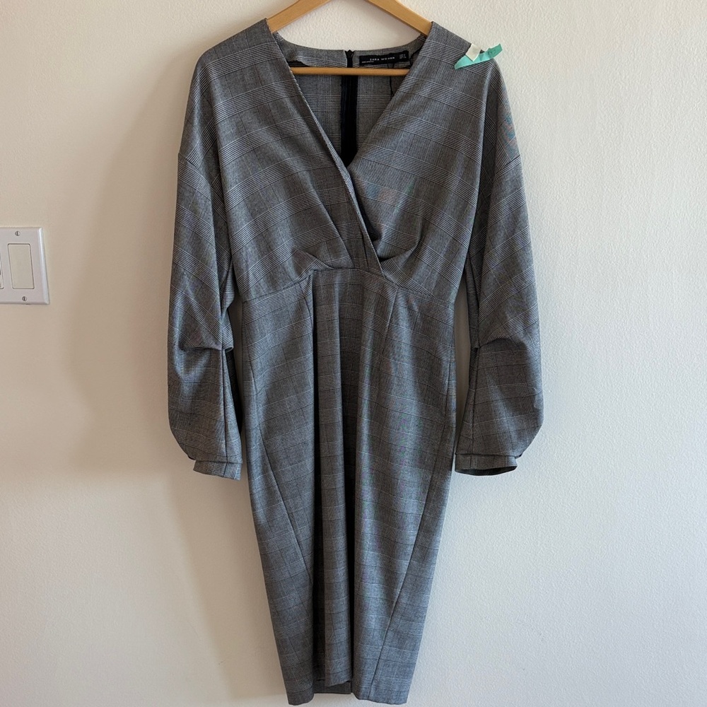 Zara Gray Checkered Long Sleeve Dress